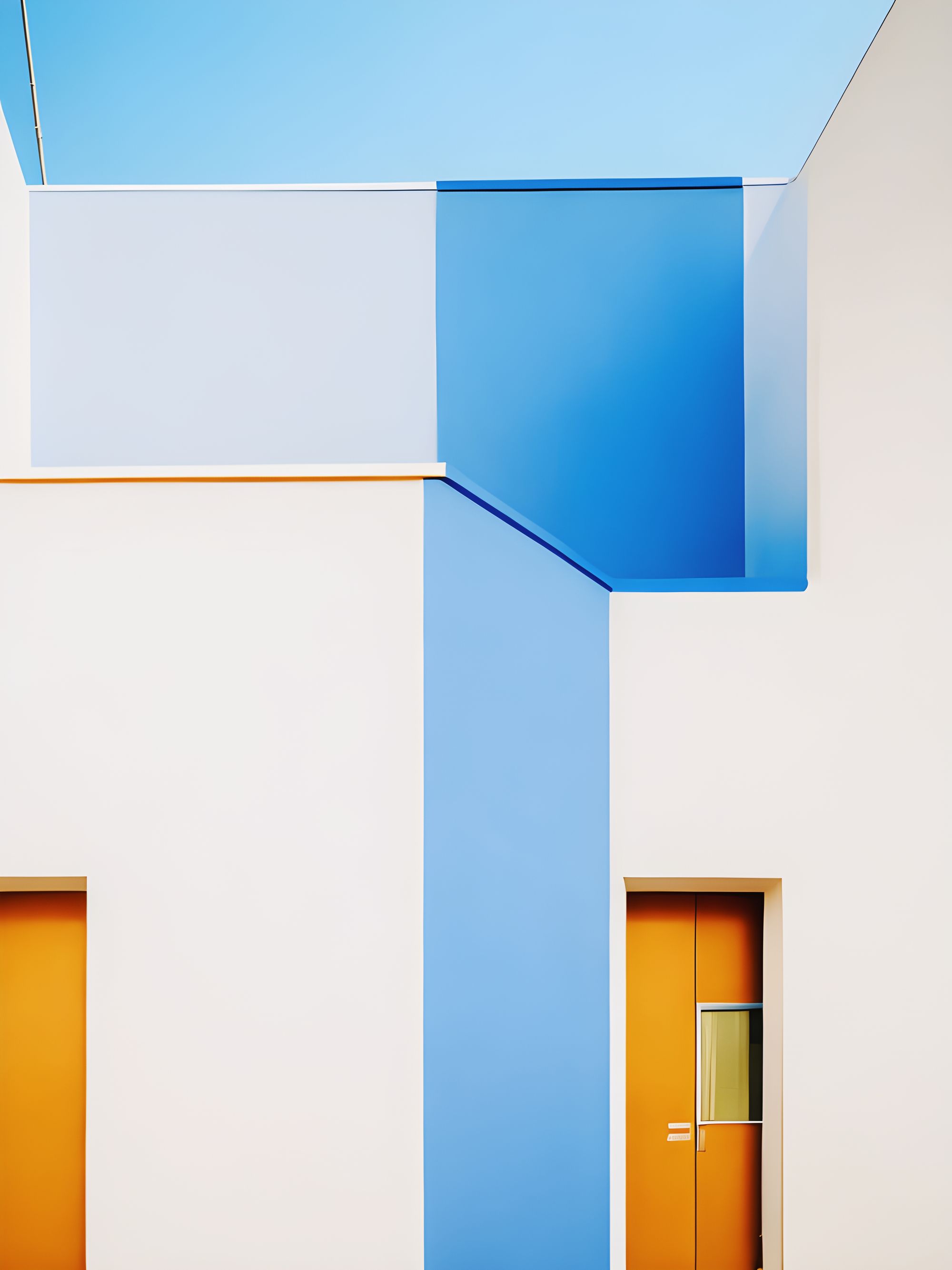 White geometric house with orange doors