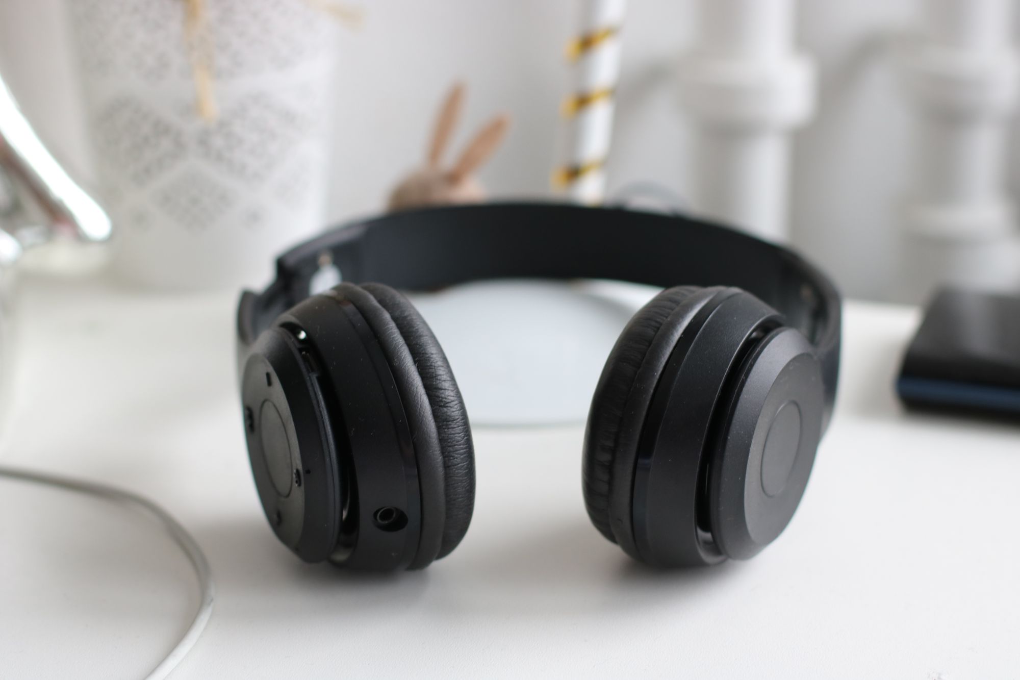 Black headphones on a table